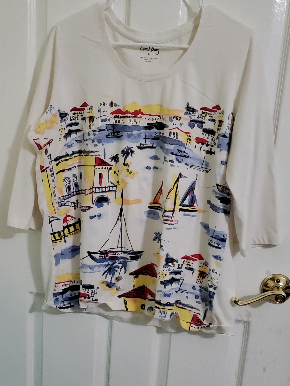 Coral Bay Cream Colorful Boats Coastal Harbor Print 3/4 Sleeves Knit Top XL